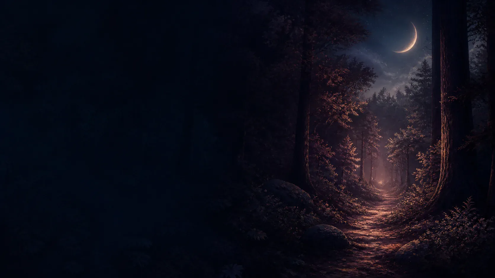 A winding copper-lit path beneath the layered canopy of a dark mythic forest