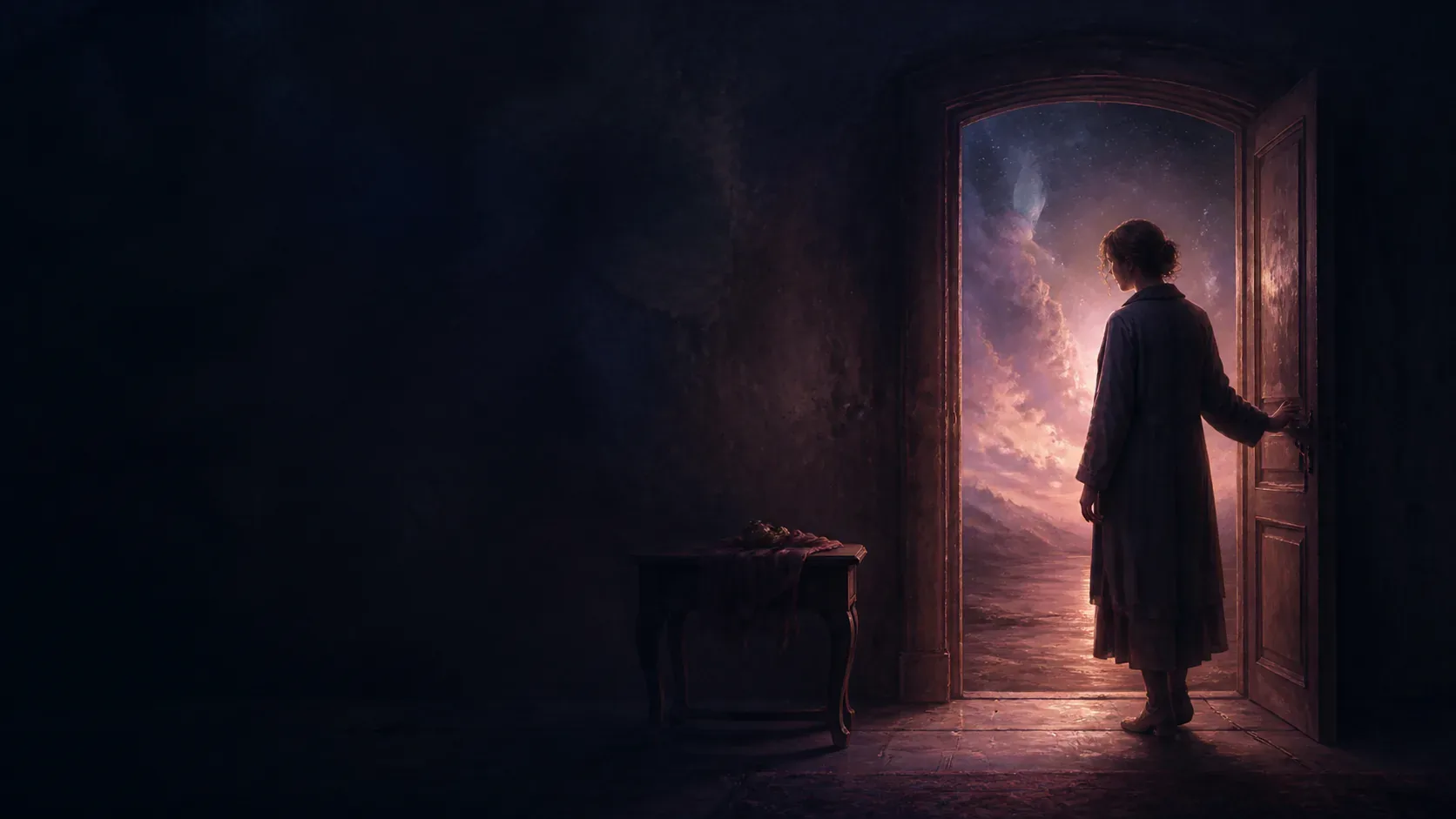 A hurried figure noticing an important glowing object left behind at night