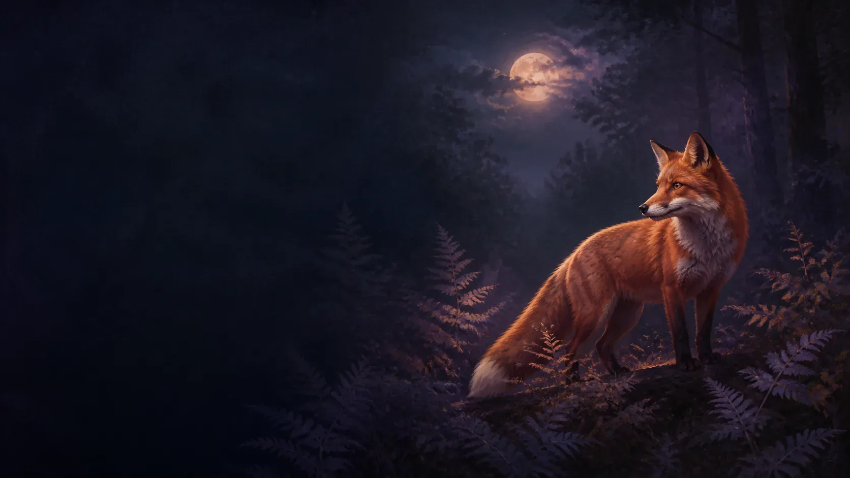 A red fox pausing at the edge of a moonlit path near a mythic indigo cafe