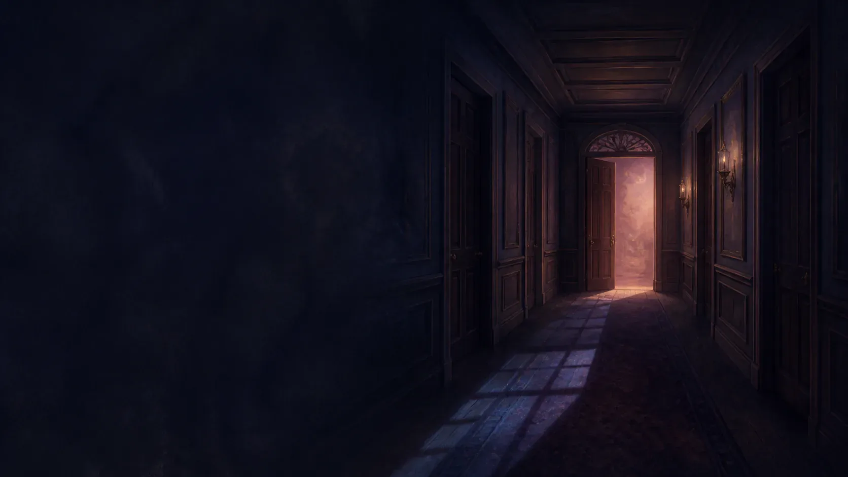 A long mythic hallway with copper-lit doorways fading into indigo shadow