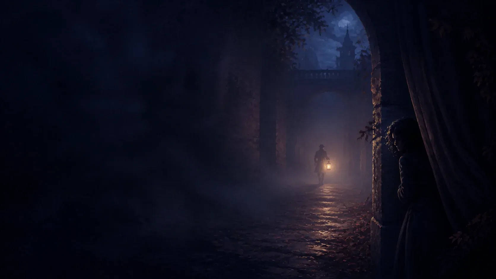 A dreamer concealed behind a stone arch and curtain while a distant lantern glows through mist
