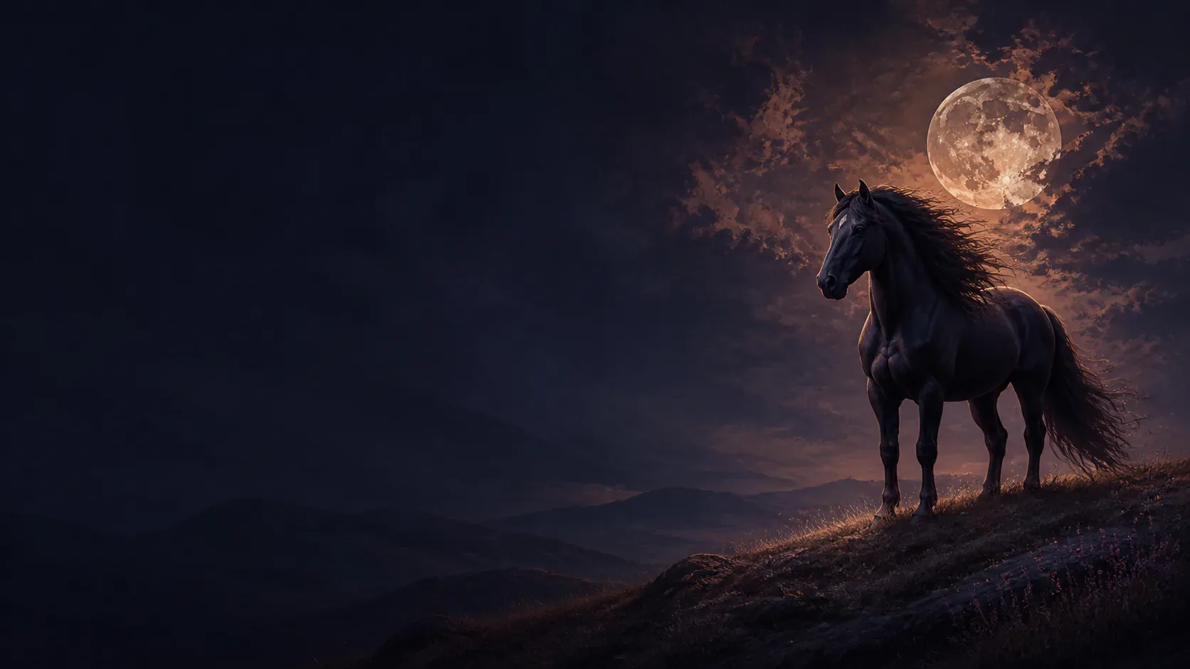 A pale horse standing beside a moonlit path near a mythic indigo cafe stable