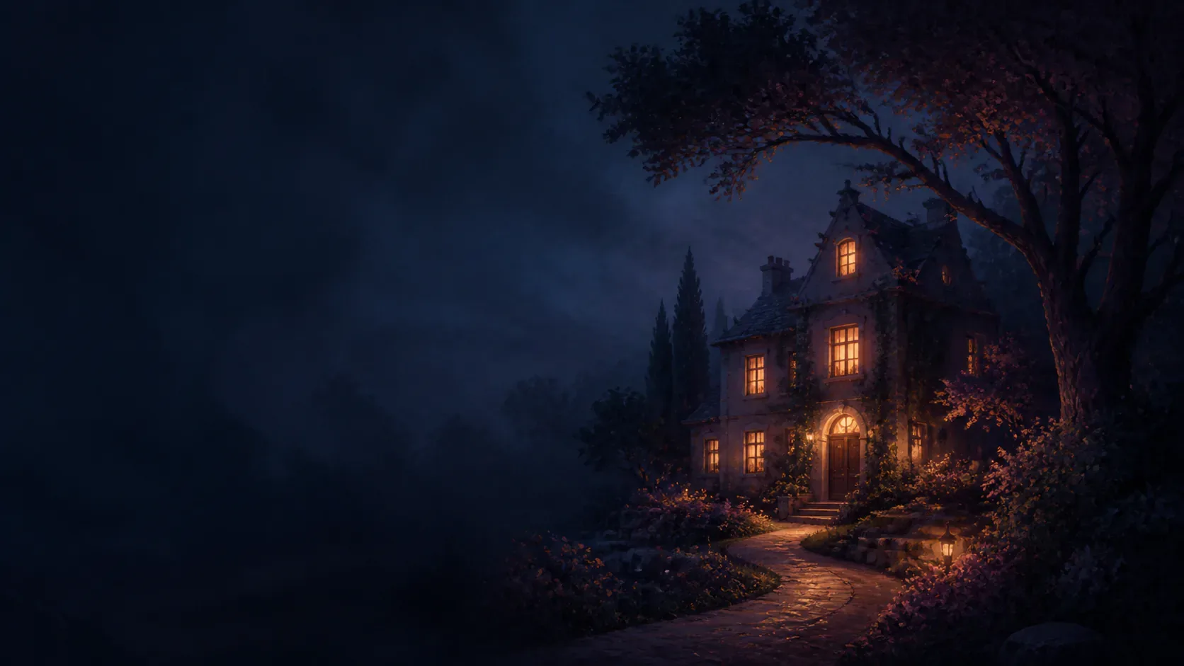 A many-windowed mythic house glowing with copper light beneath an indigo sky