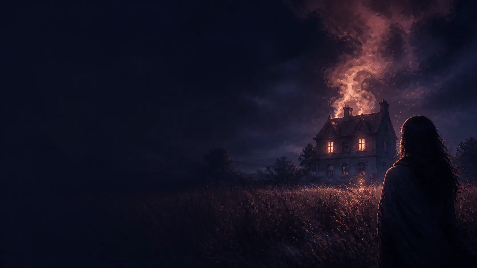 A house burning with restrained copper flames beneath a mythic indigo night sky