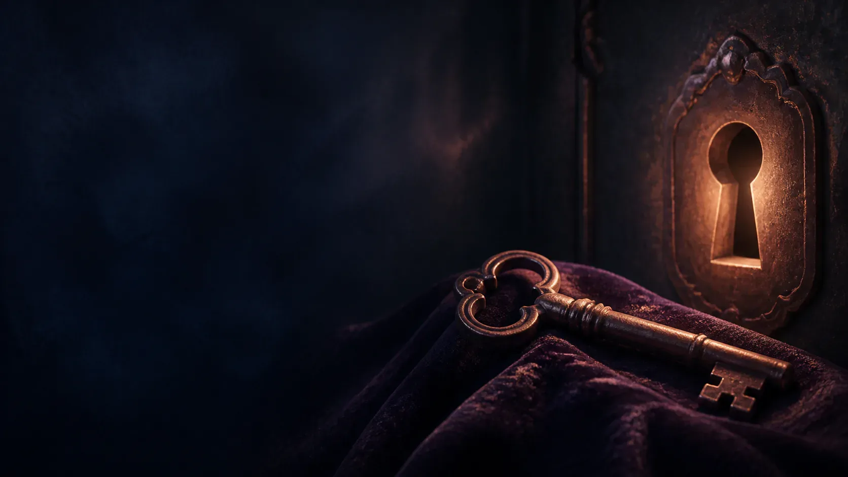An antique key beside a moonlit cafe doorway in a mythic blue and gold scene