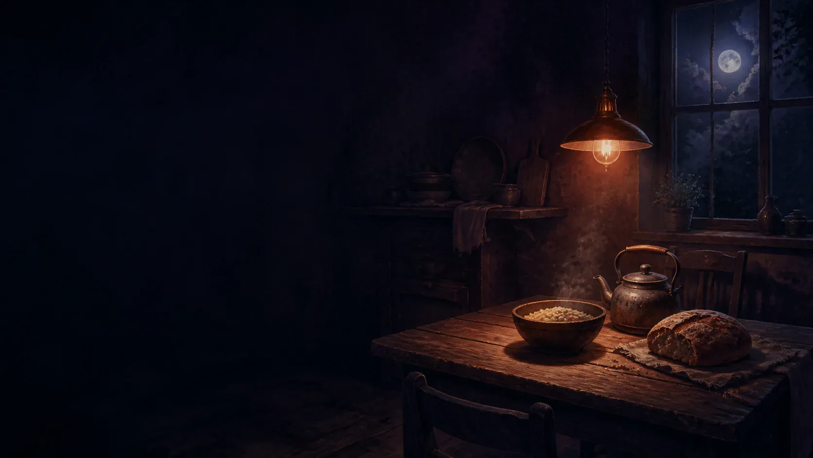 A mythic kitchen glowing with copper firelight and deep indigo shadows