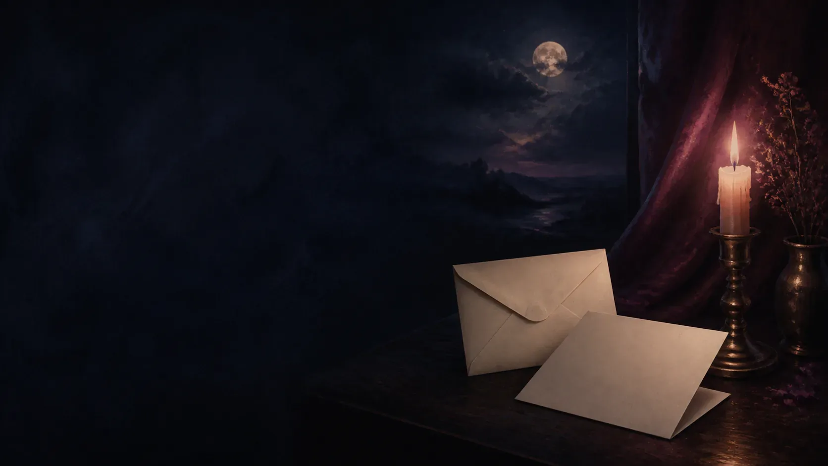 A sealed letter on a cafe table beneath moonlight and warm candle glow