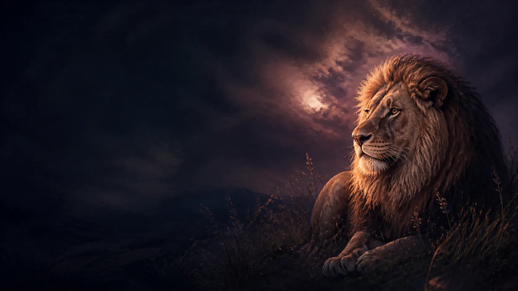 A lion standing in copper moonlight beyond the terrace of a mythic indigo cafe