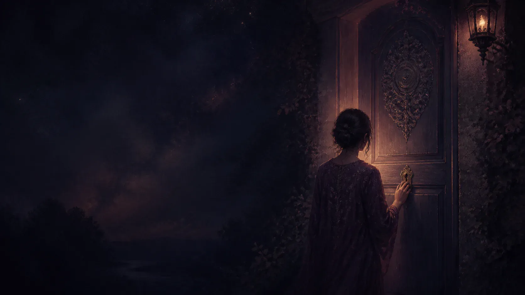 A dreamer holding an unusable key outside a luminous mythic doorway at night