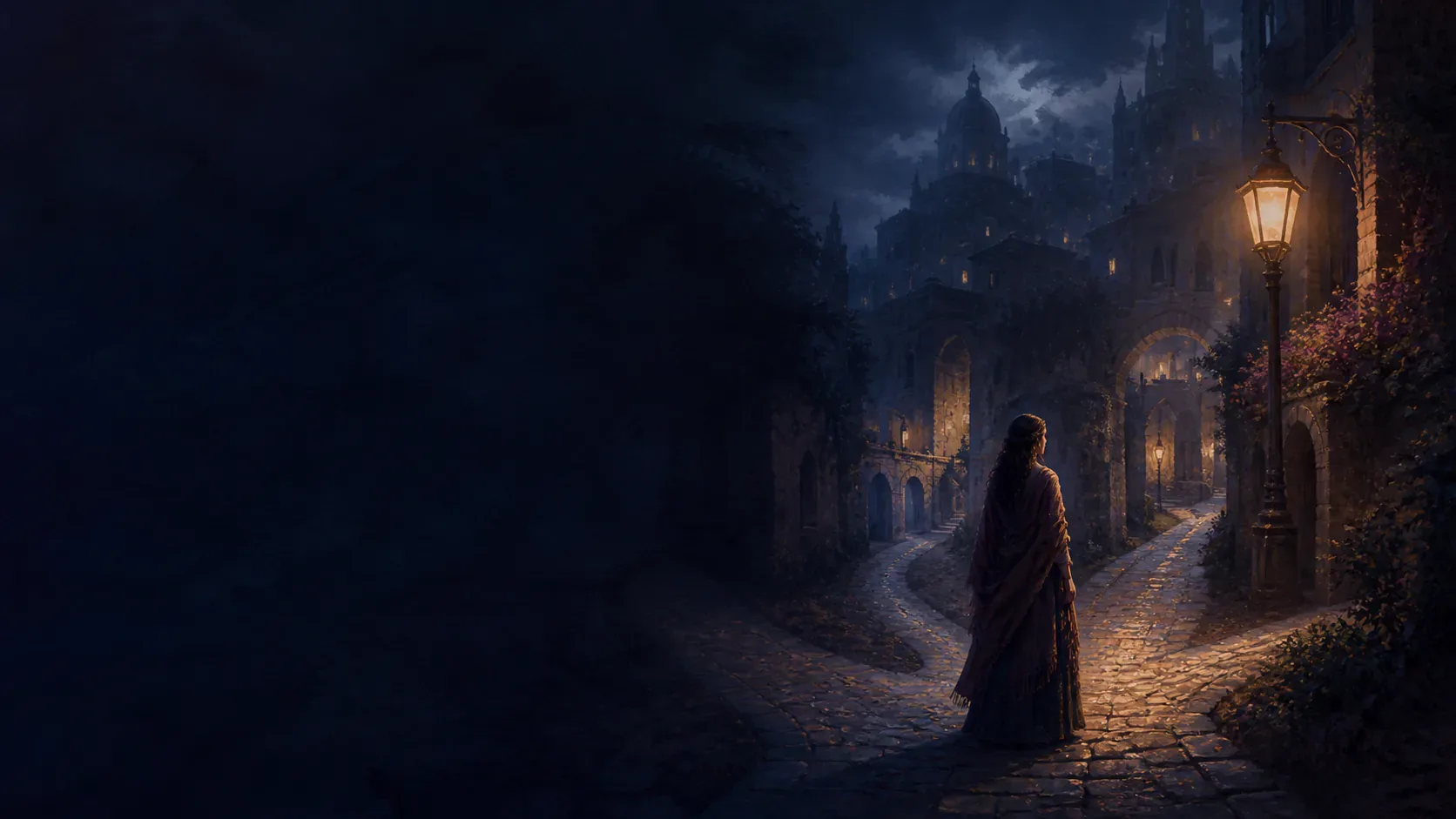 A dreamer standing at branching paths in an unfamiliar mythic city at twilight