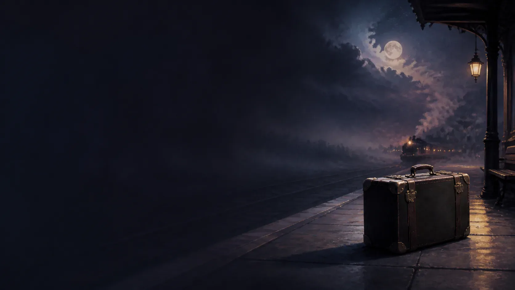 An abandoned suitcase on a mythic station platform under a luminous twilight sky