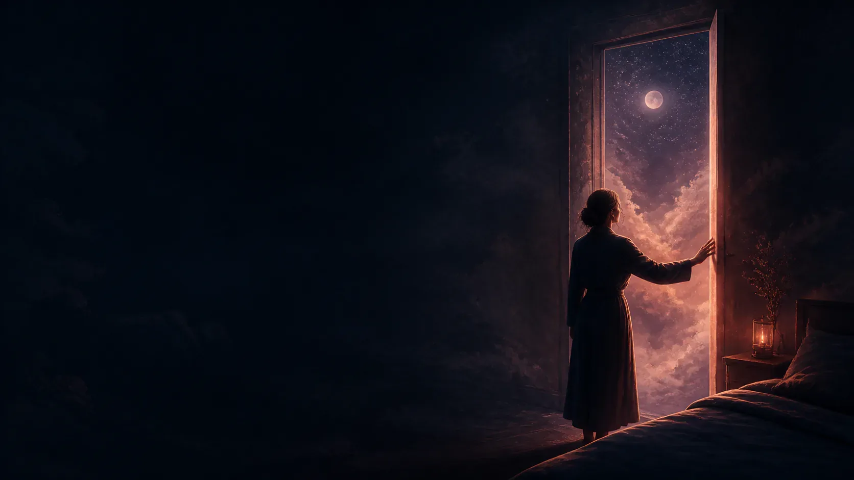 A sleeping figure becoming aware inside a moonlit indigo dream landscape