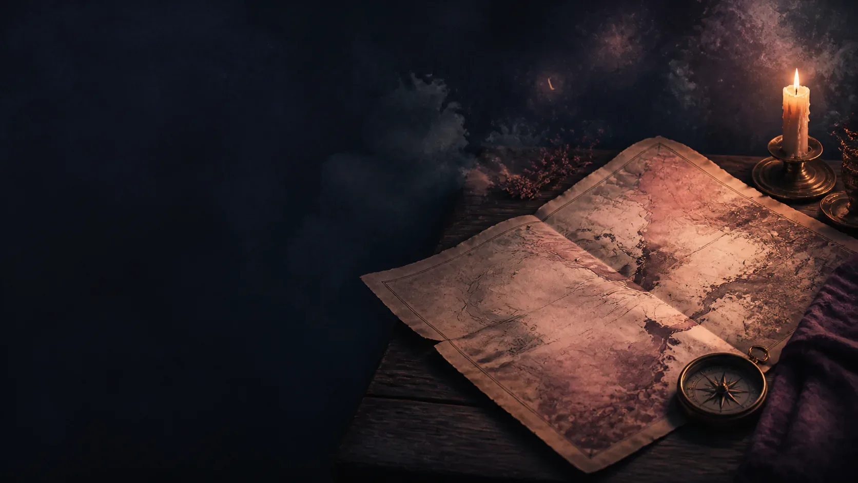 A moonlit map spread across a cafe table with a glowing route through mountains and water