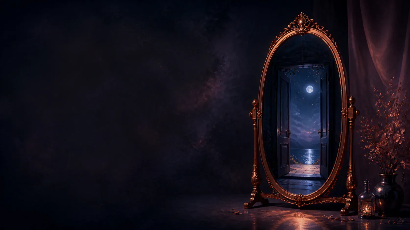 An ornate mirror reflecting moonlight inside a dark mythic cafe