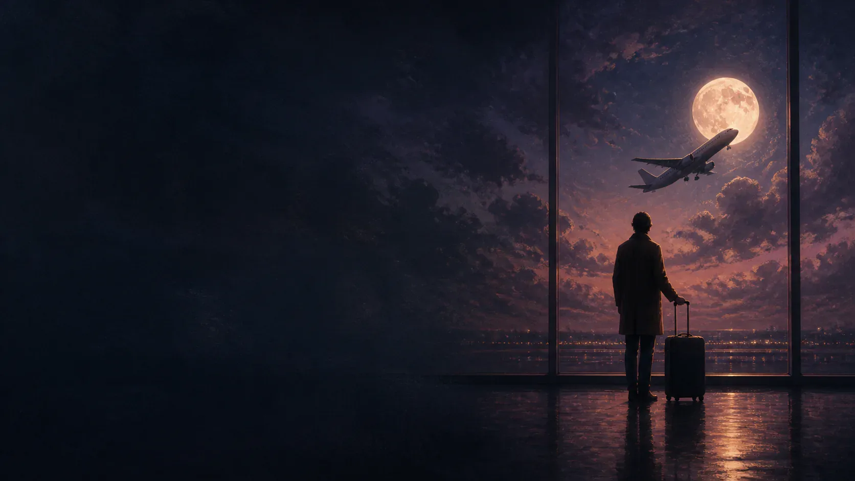 A lone traveler watching a glowing airplane depart above a mythic twilight airport