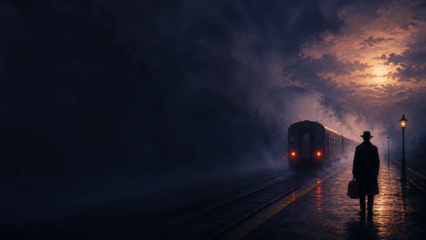 A dreamer arriving as a glowing train leaves a mythic station at twilight