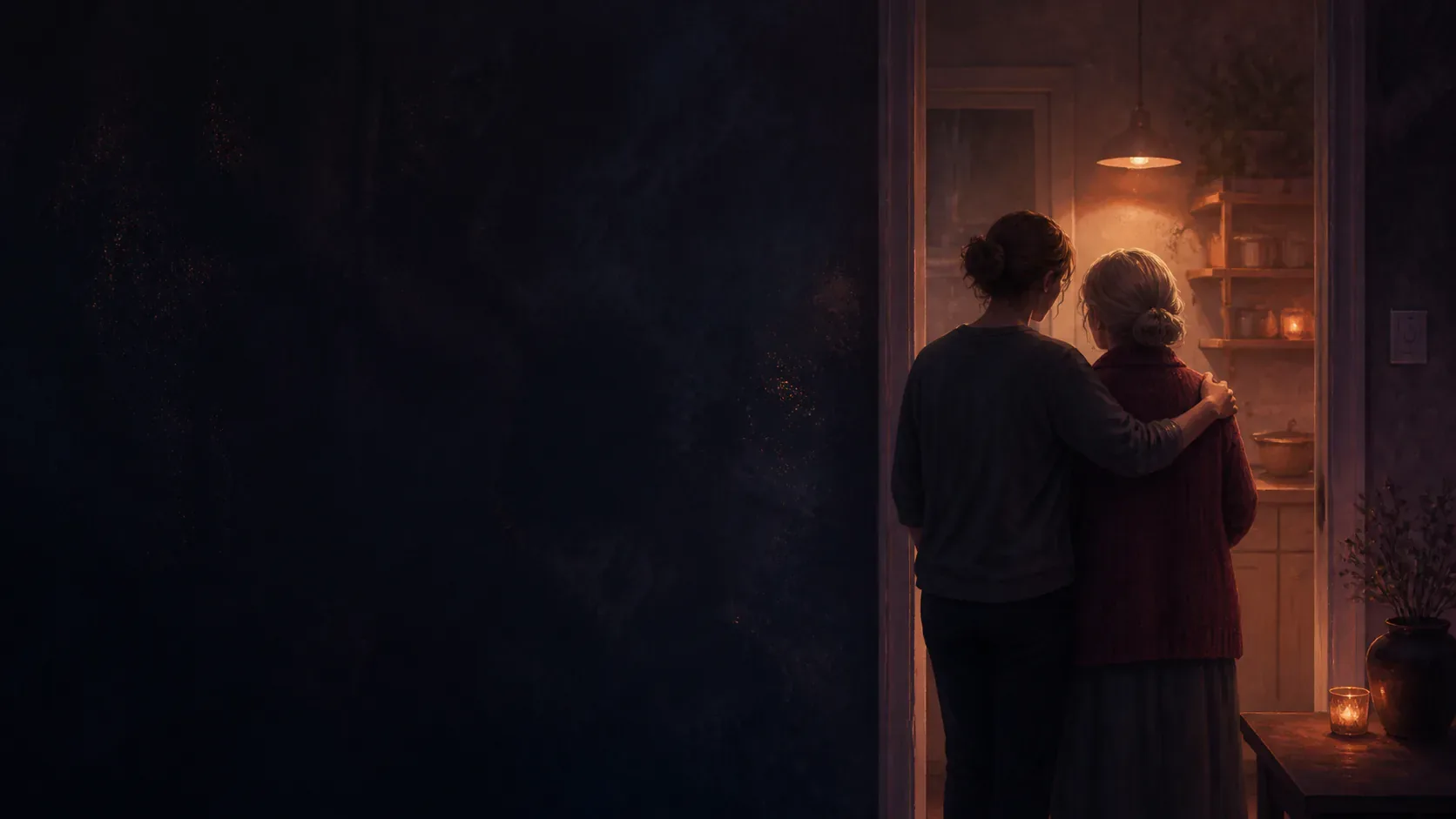 Two women meeting beside a copper-lit table in a quiet mythic indigo room