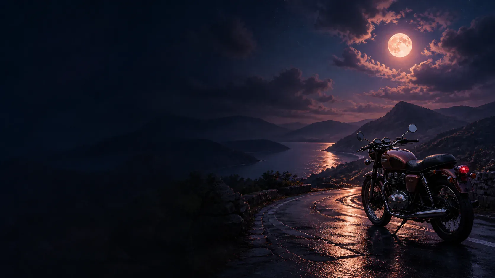 A motorcycle rider crossing a moonlit mythic road with copper light ahead