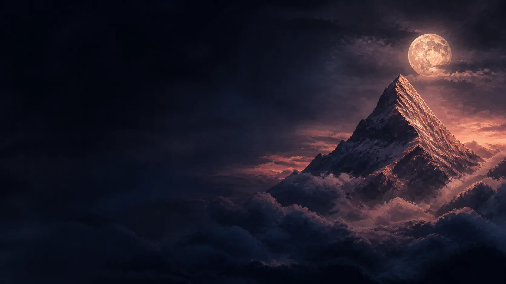 A copper-lit trail climbing an indigo mountain beneath a mythic night sky