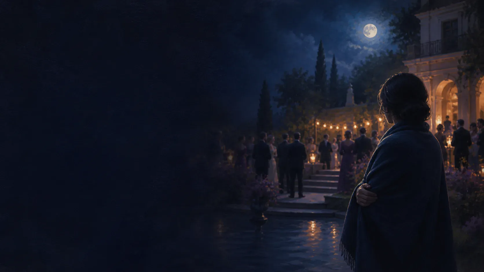 A clothed silhouette holding a pale drape in a moonlit public square as distant figures pass