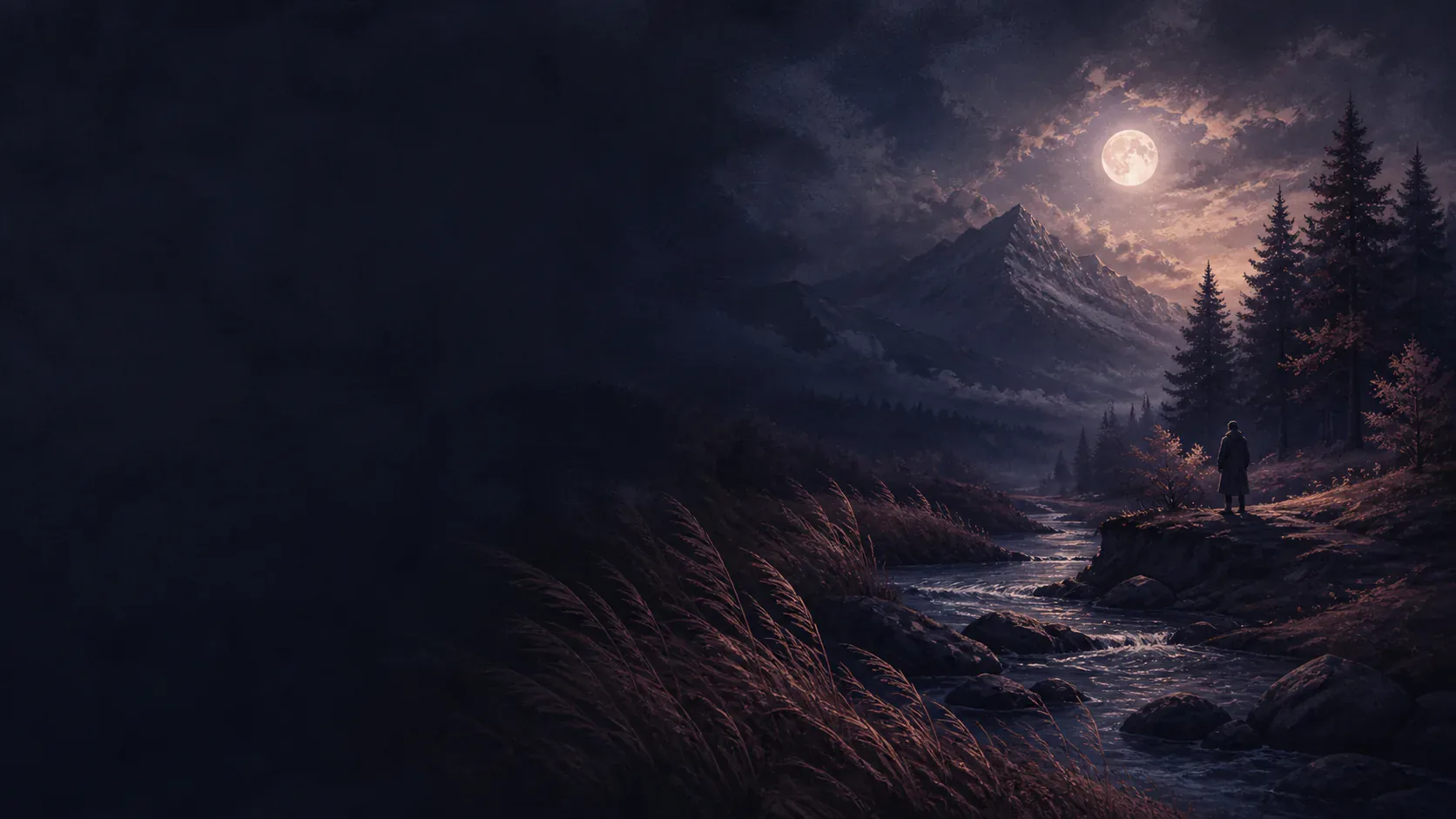 A moonlit mountain valley with forest, river, and wind-bent grasses