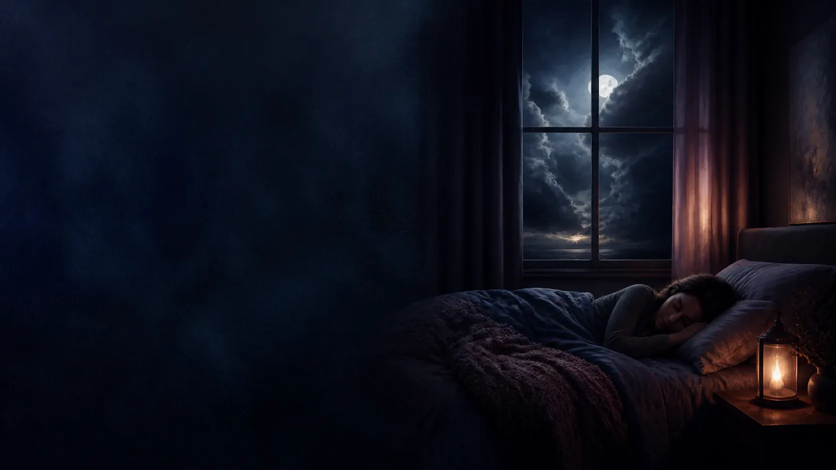 A restless sleeper beneath a moonlit window with a protective warm cafe light nearby