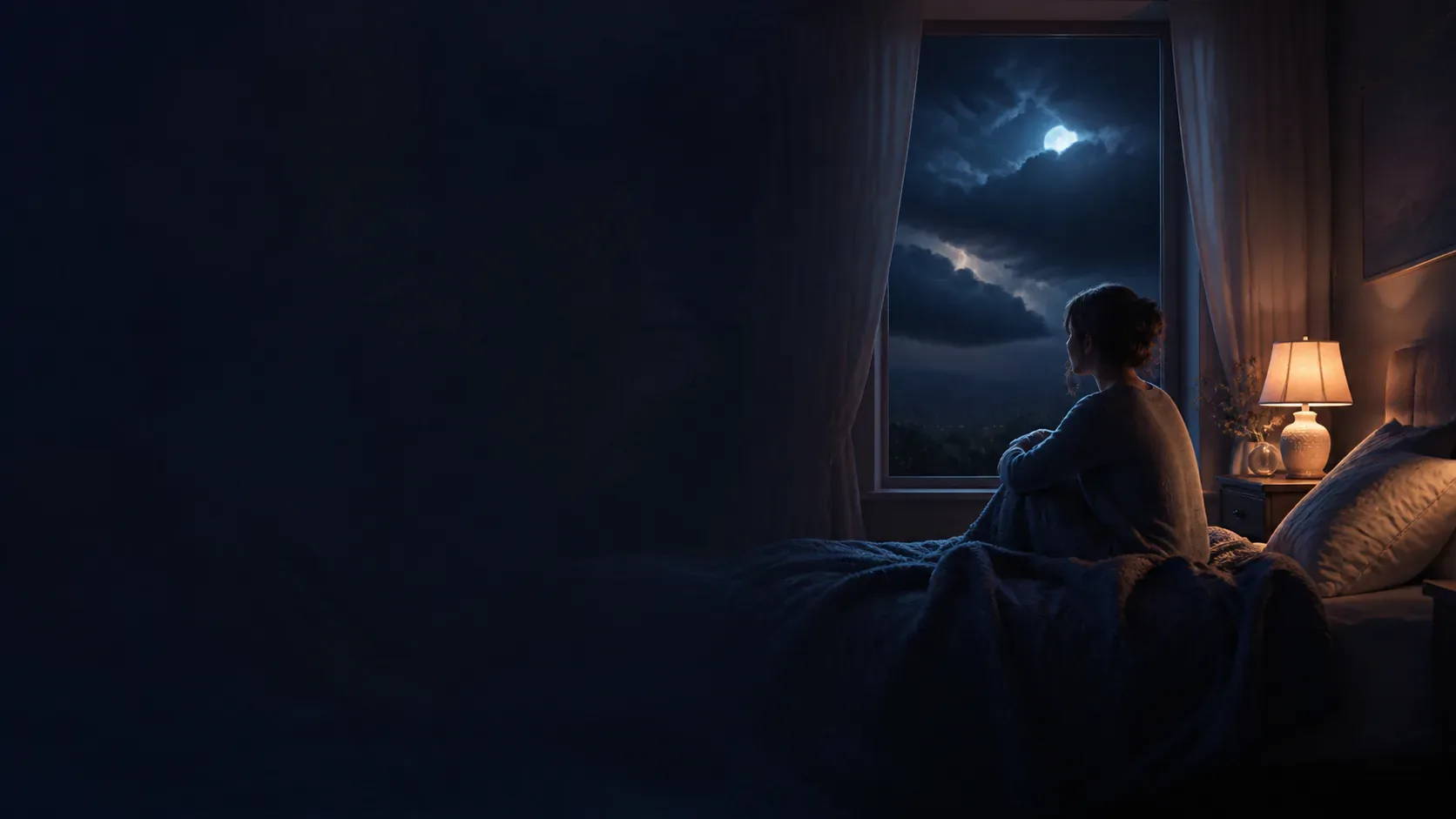 A person sitting safely in bed while a storm gathers outside