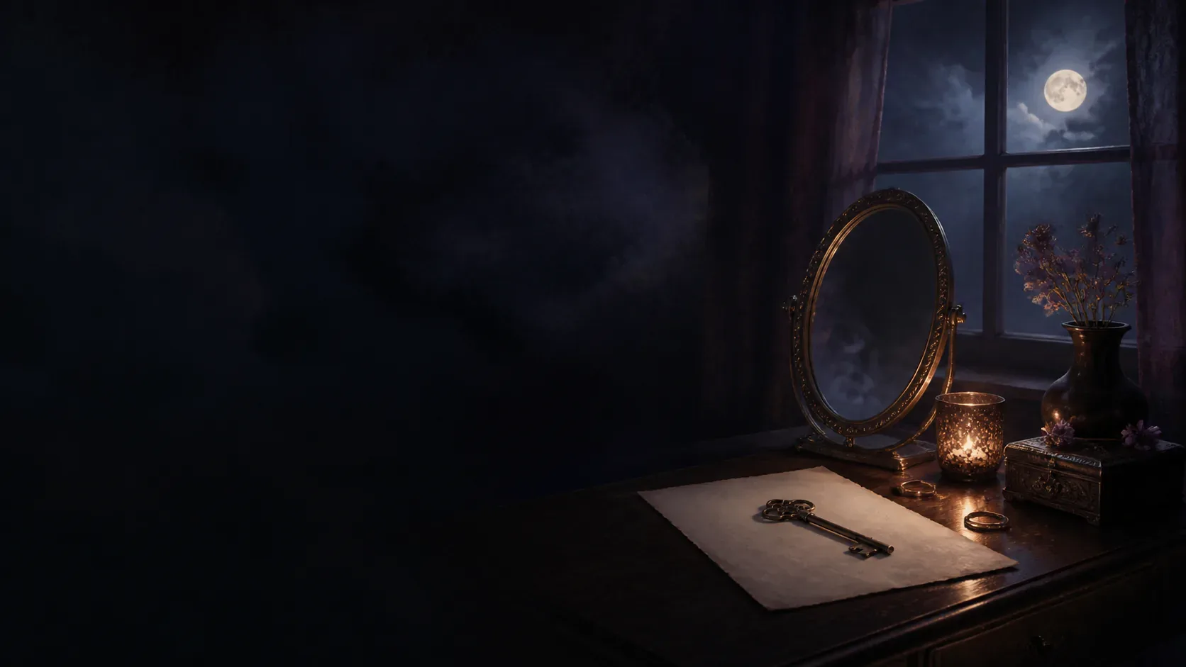 A moonlit desk holding a mirror, key, blank letter, and ring
