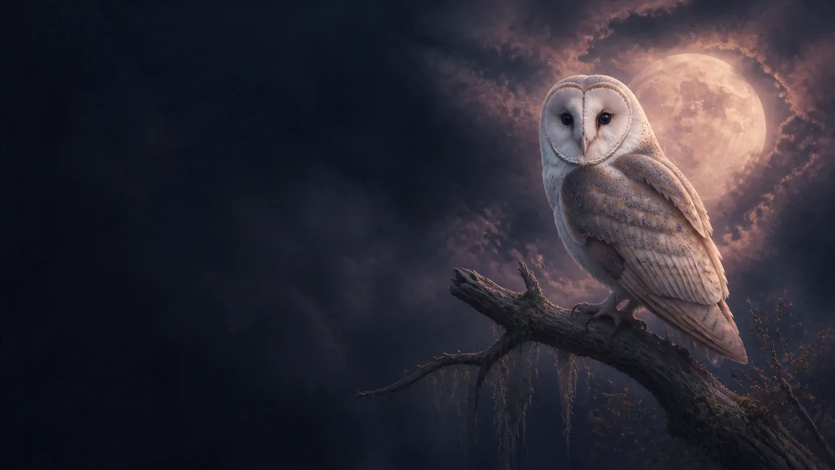 A pale owl on a branch above a copper-lit mythic indigo forest