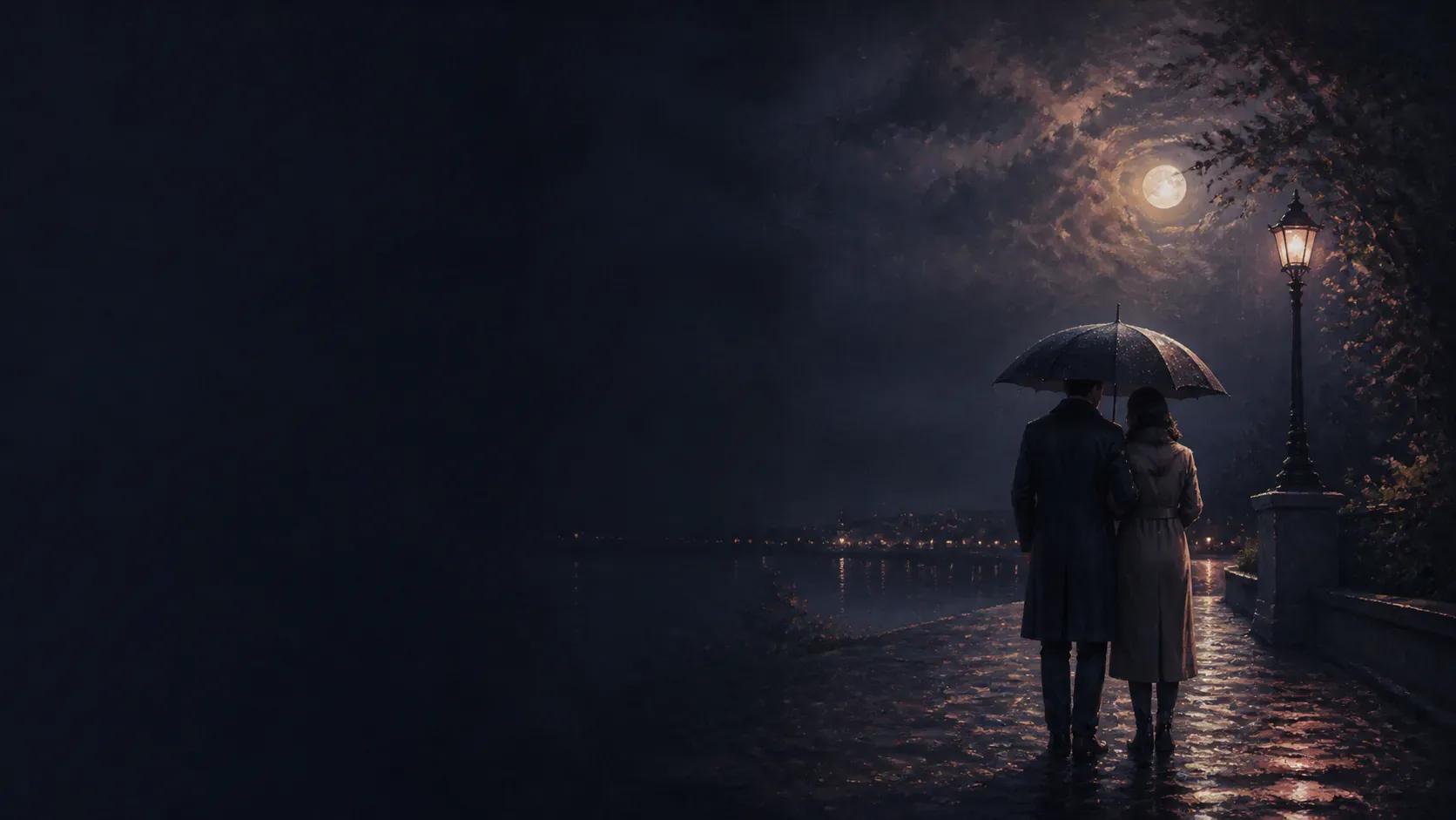 A couple standing beside a copper-lit table in a quiet mythic indigo room