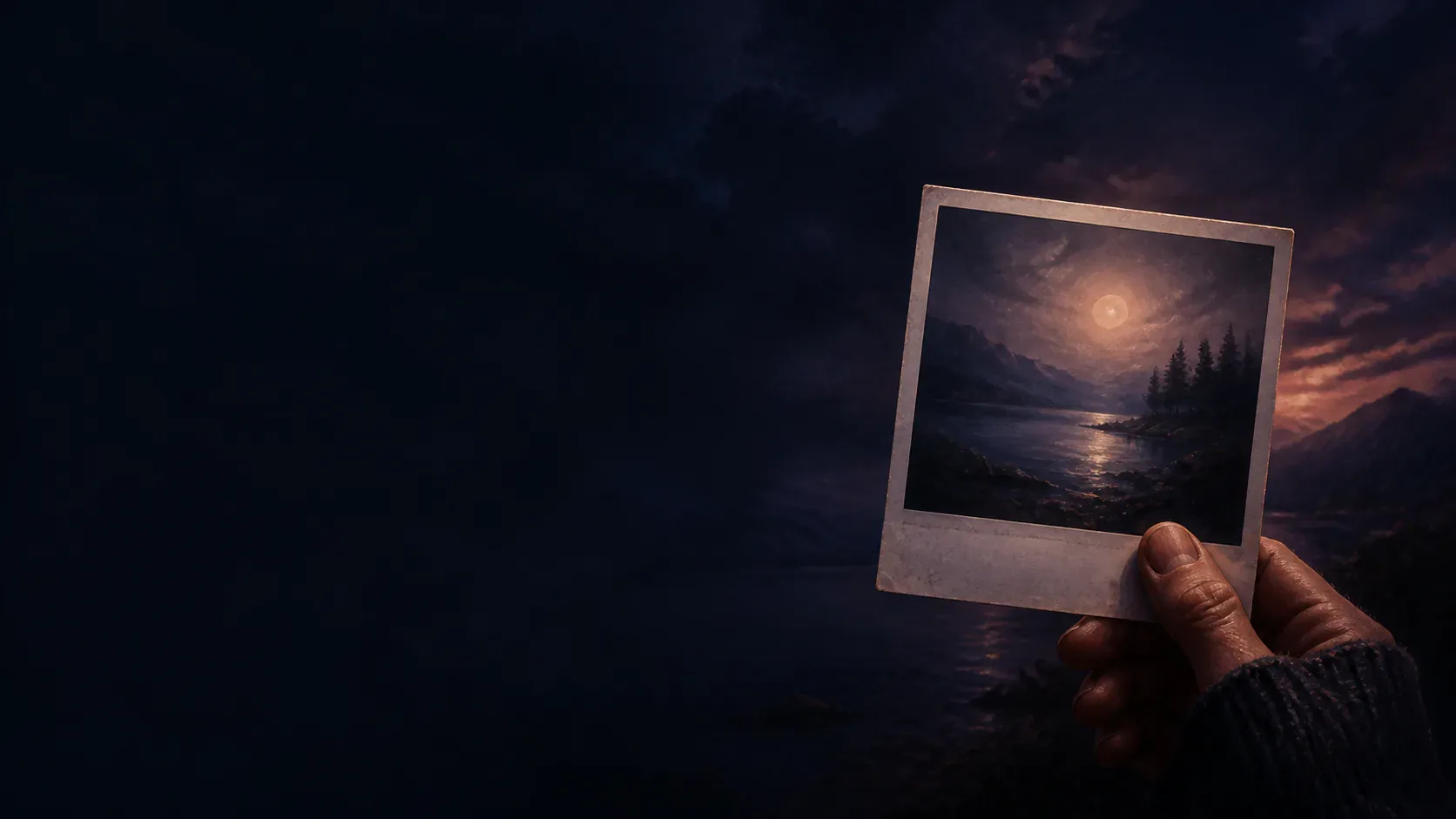 An old photograph glowing on a cafe table in soft moonlight and copper light