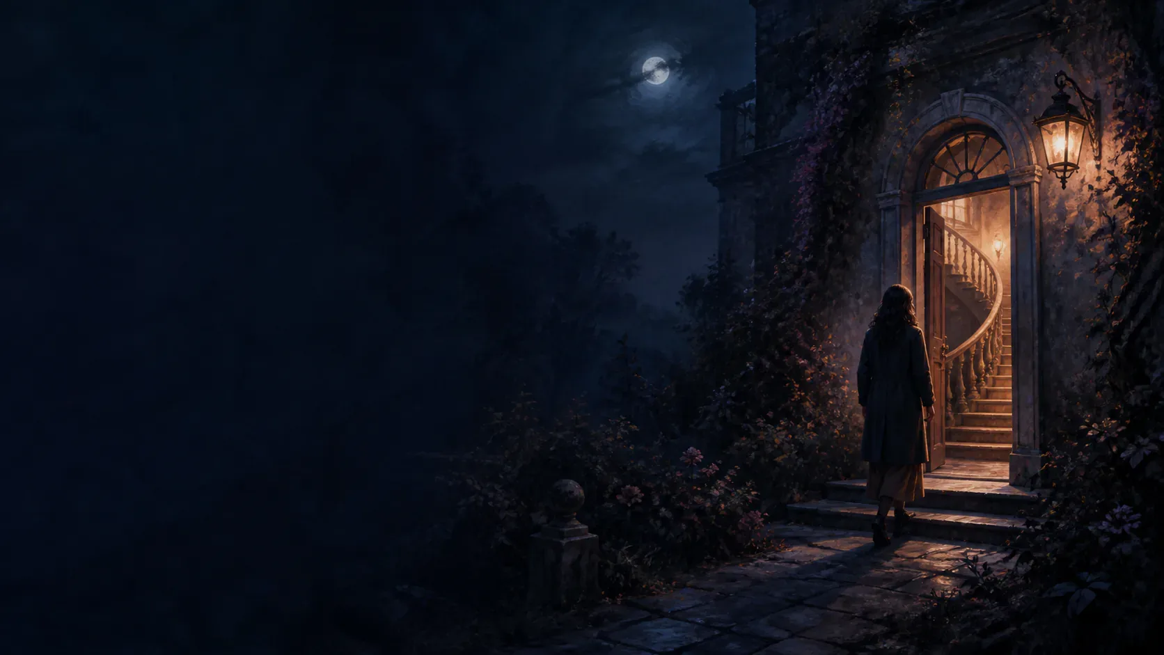 A moonlit house entrance revealing a winding staircase