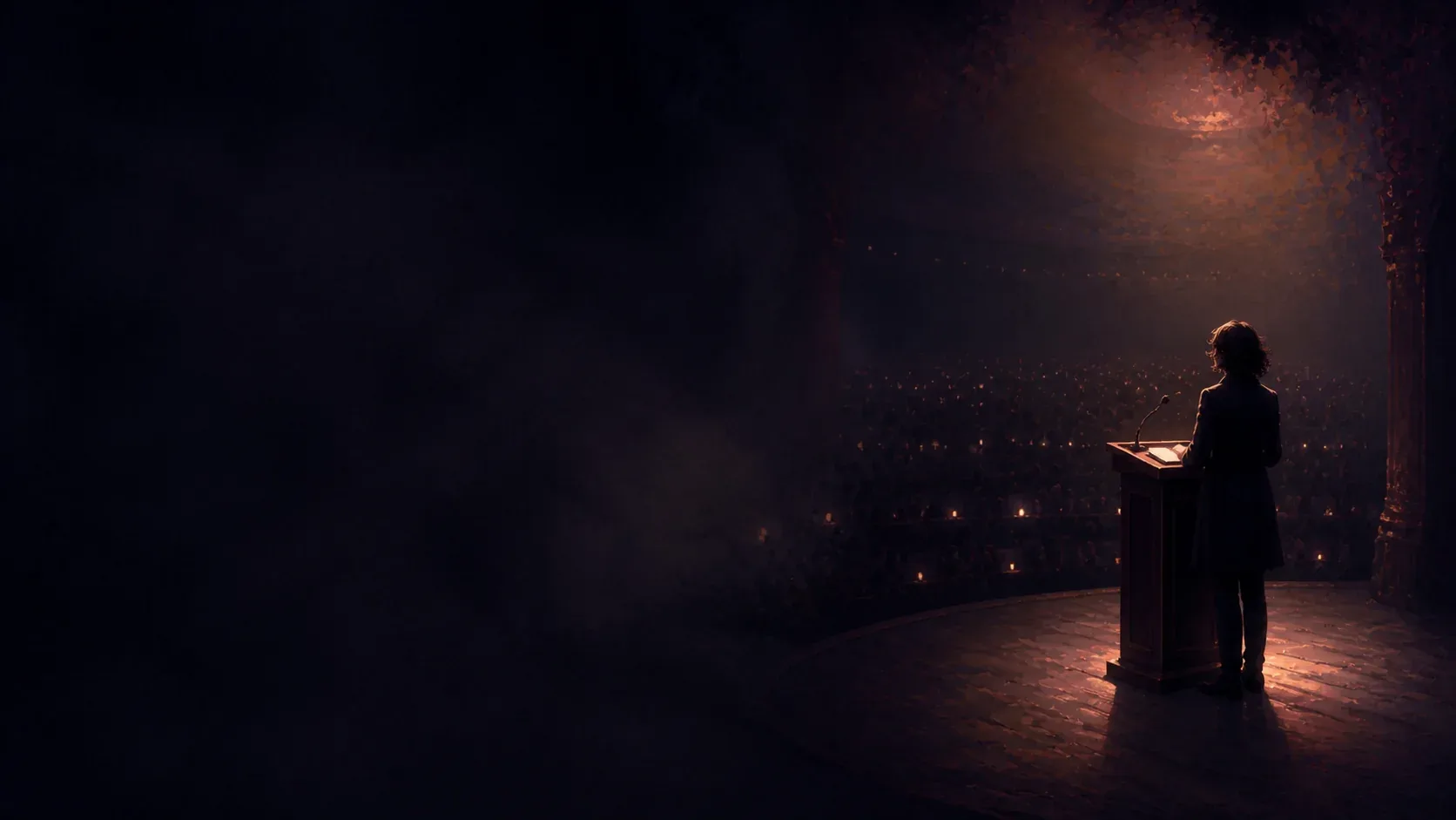 A dreamer speaking at a copper-lit podium before a distant audience in a dark old theater