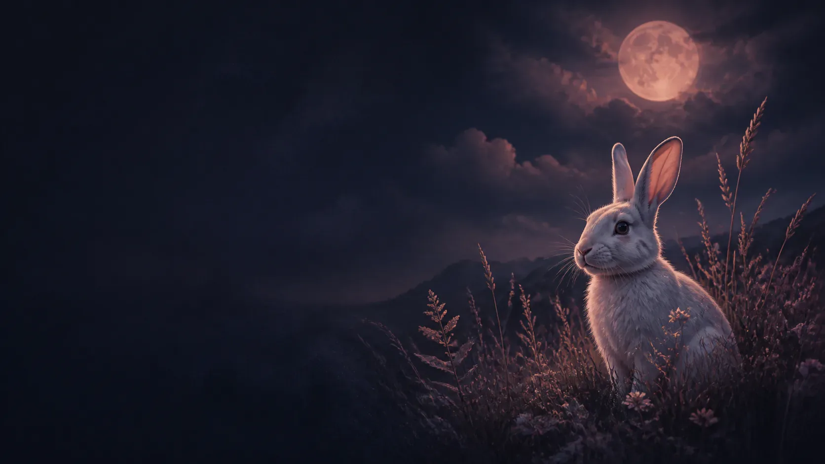 A pale rabbit at the edge of a copper-lit path in a mythic indigo meadow