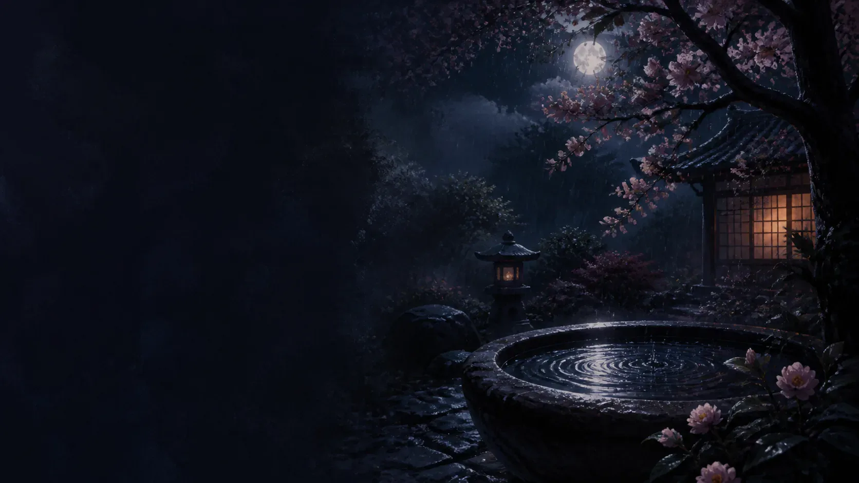 A lone figure beneath luminous rain in a dark indigo mythic landscape