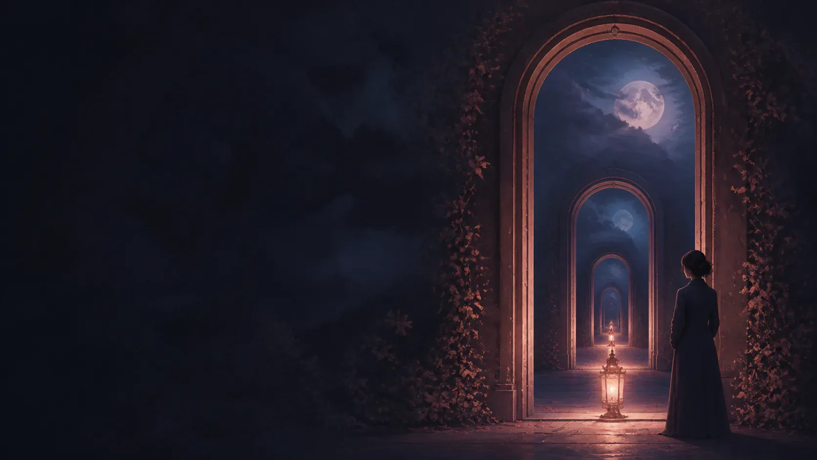 A dreamer walking through repeating moonlit doorways in an indigo landscape