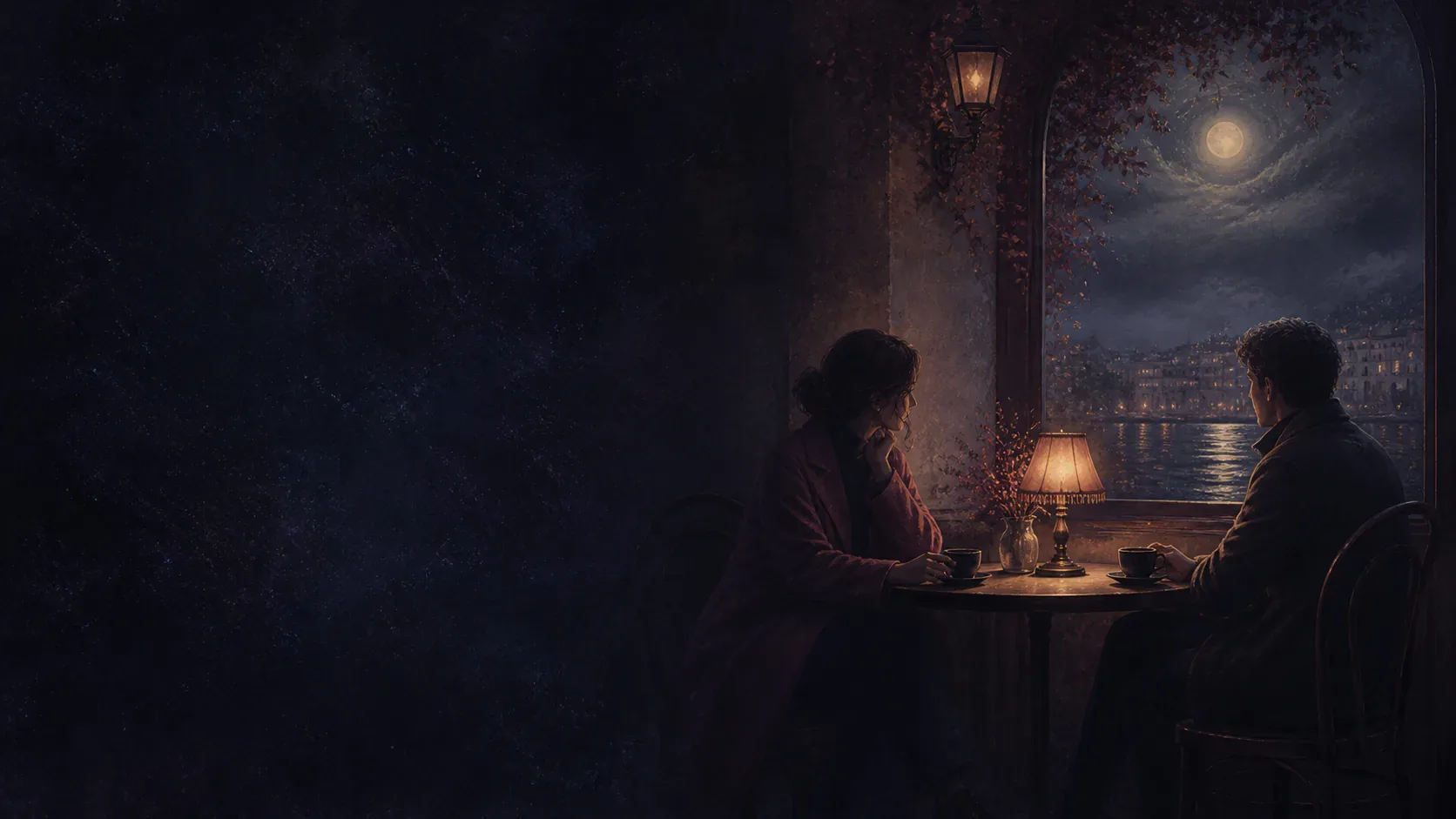 Two people sharing a quiet table in a moonlit cafe alcove