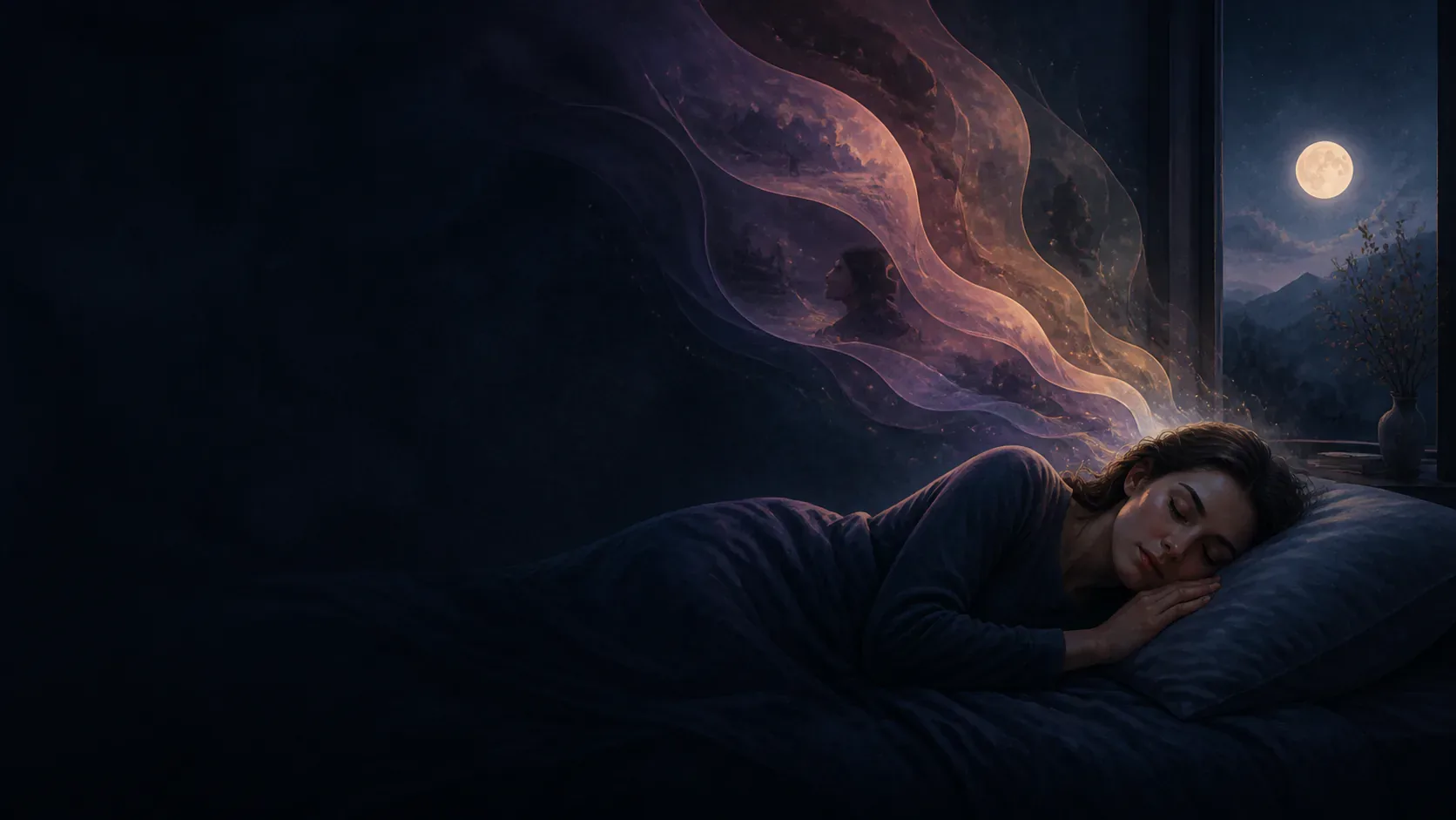 A sleeping figure beneath layered indigo waves that suggest repeating REM cycles and drifting dream scenes