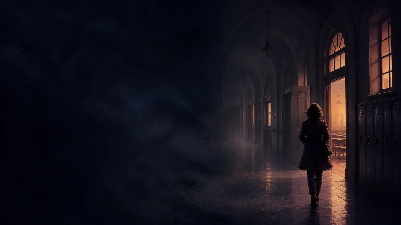 An adult dreamer entering a warm classroom from a moonlit corridor lined with old lockers