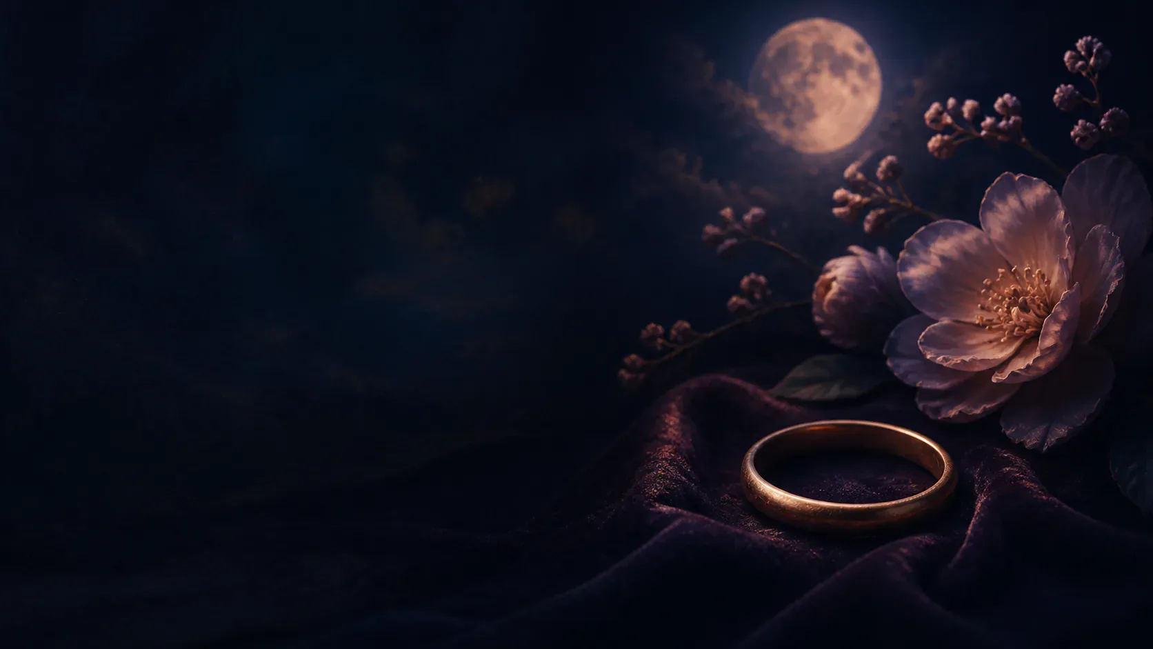 An ornate ring glowing beside a candle on a moonlit cafe table