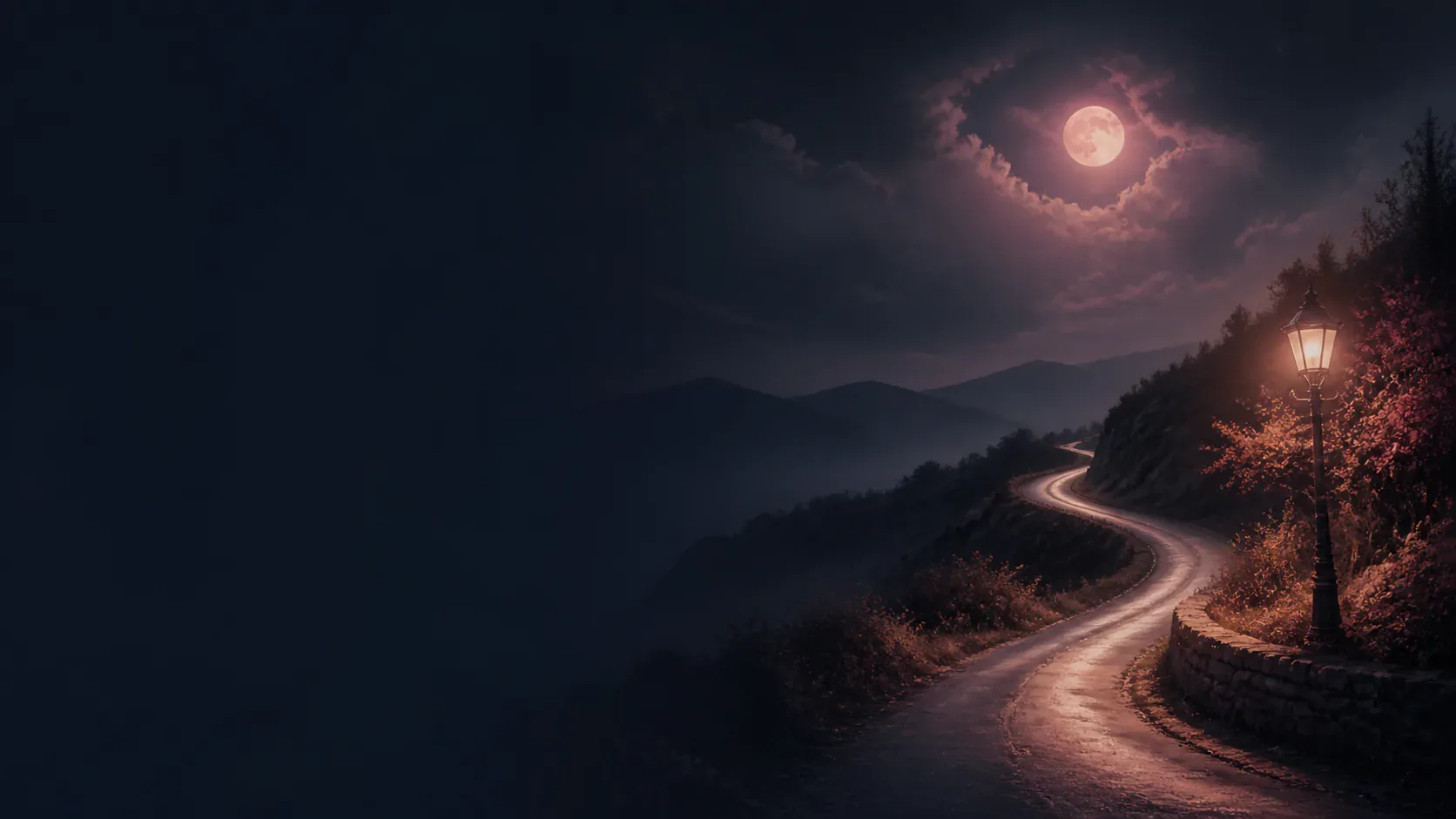 A winding road crossing a dark mythic landscape toward warm distant light