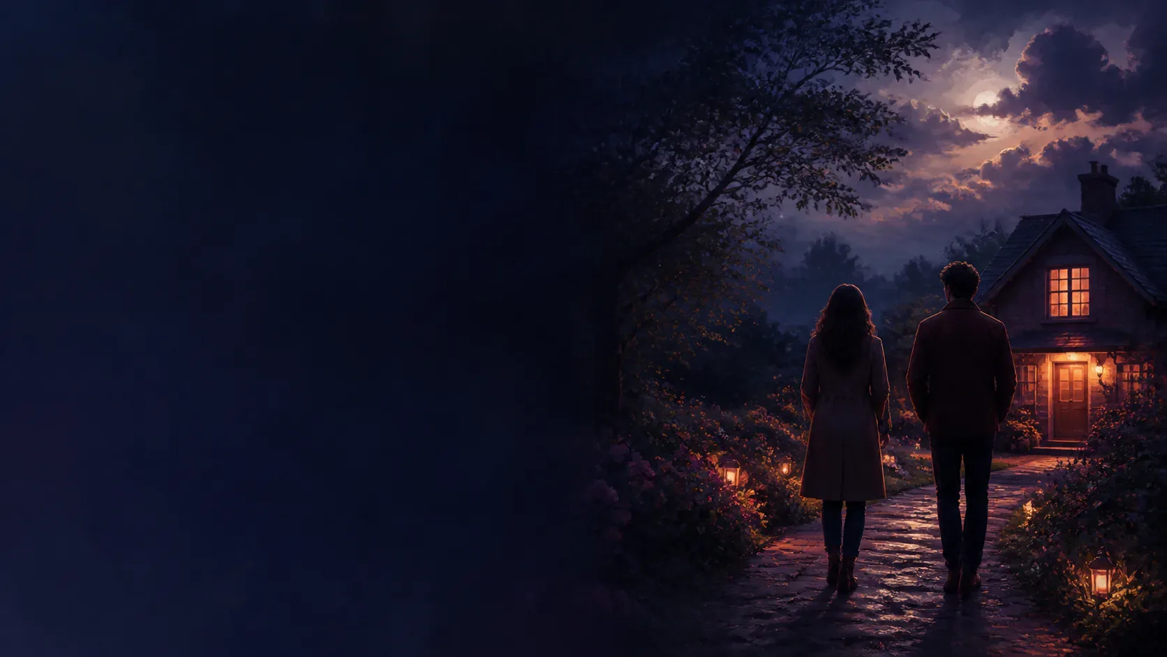 Two siblings crossing a copper-lit threshold in a quiet mythic indigo house