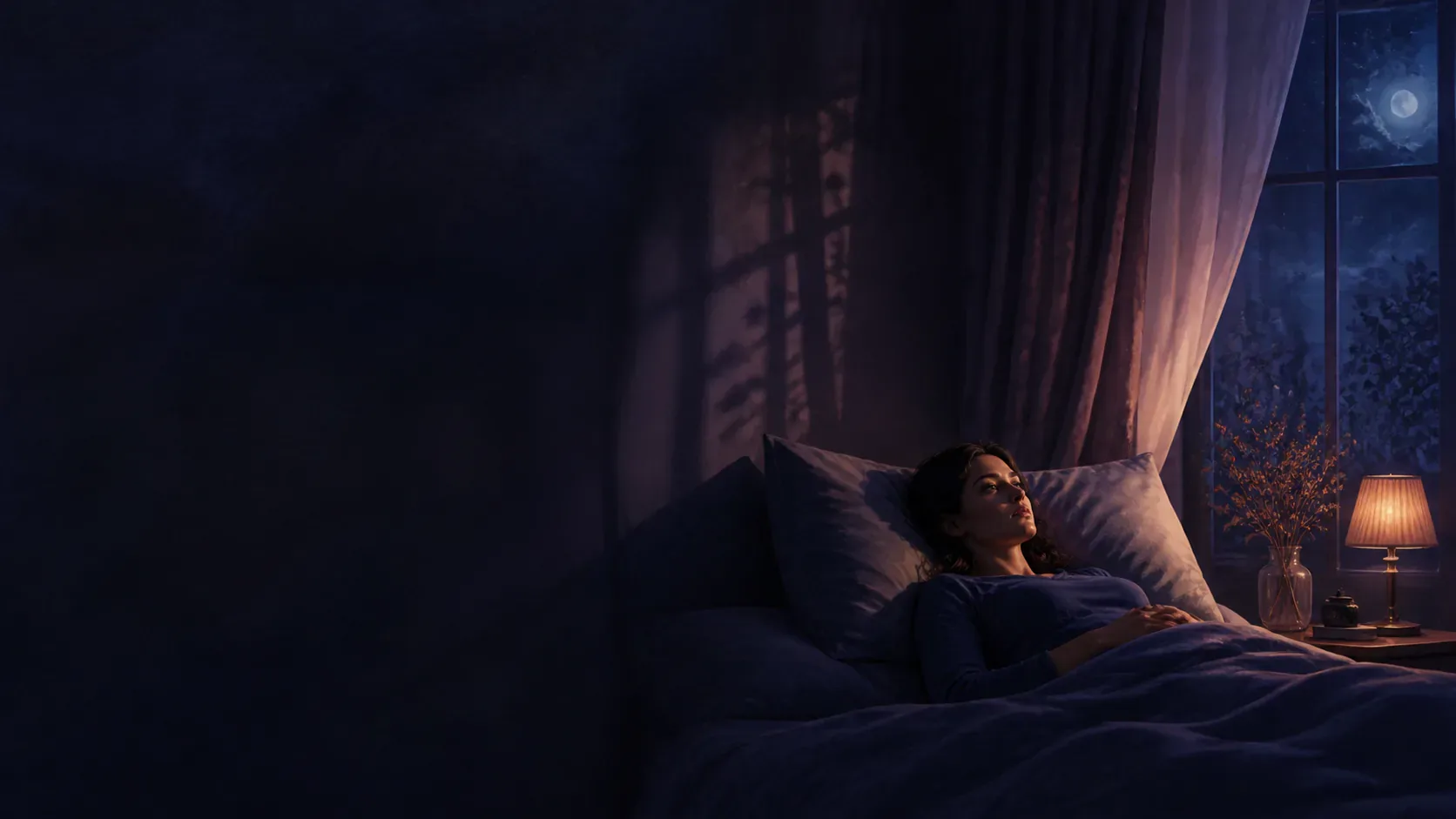 A person lying awake in an indigo bedroom while soft mist forms an indistinct dream-like silhouette near the doorway