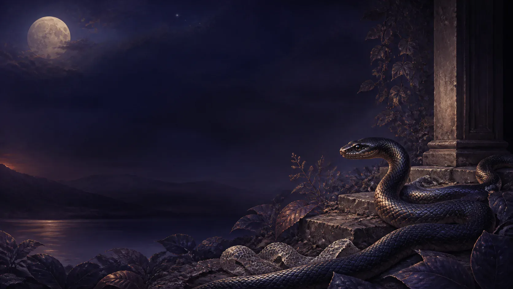 A dark snake resting beside shed skin at a moonlit stone threshold