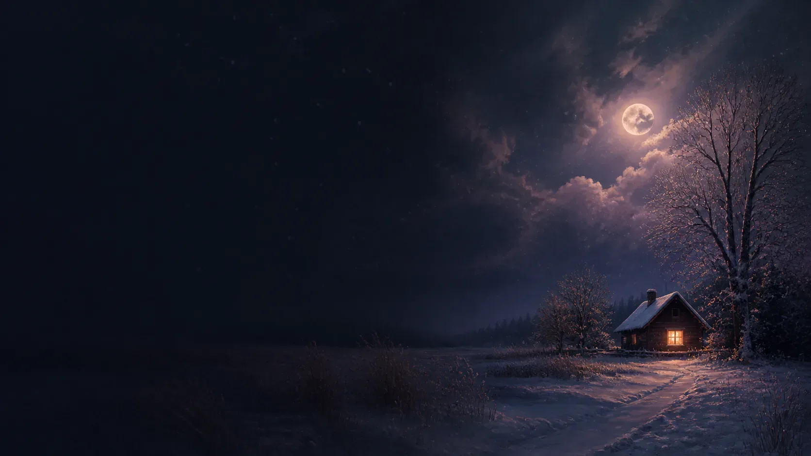 A warm lit cabin beside deep snow in an indigo mythic mountain landscape