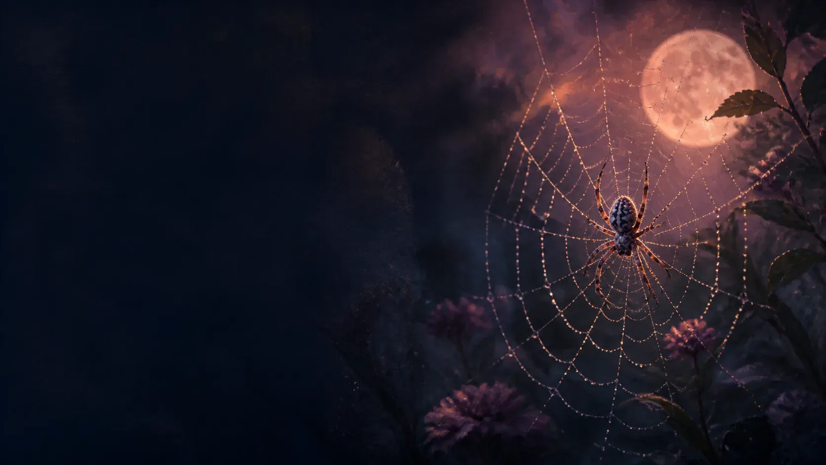 A silver spider on a copper-lit web in a mythic plum forest