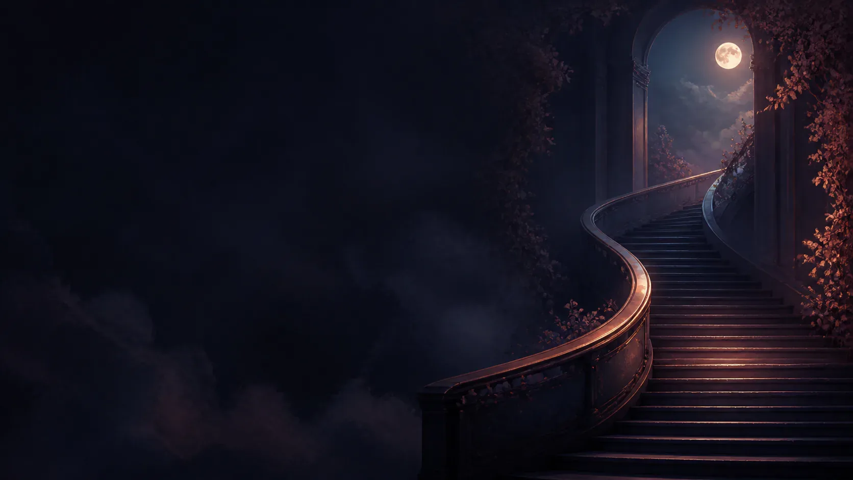 A winding mythic staircase rising through indigo shadow toward copper light