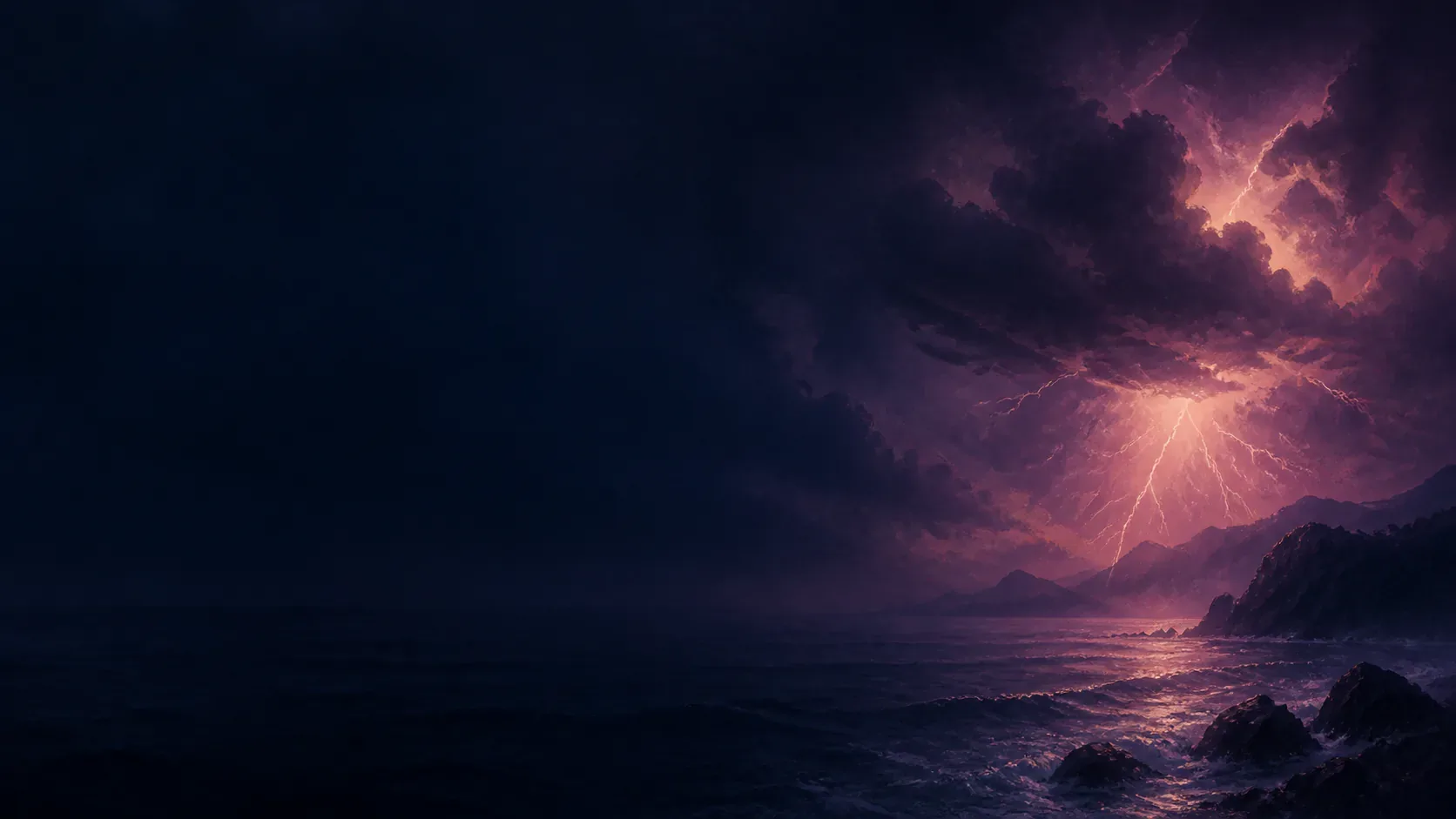 Copper lightning crossing dark indigo storm clouds above a mythic landscape