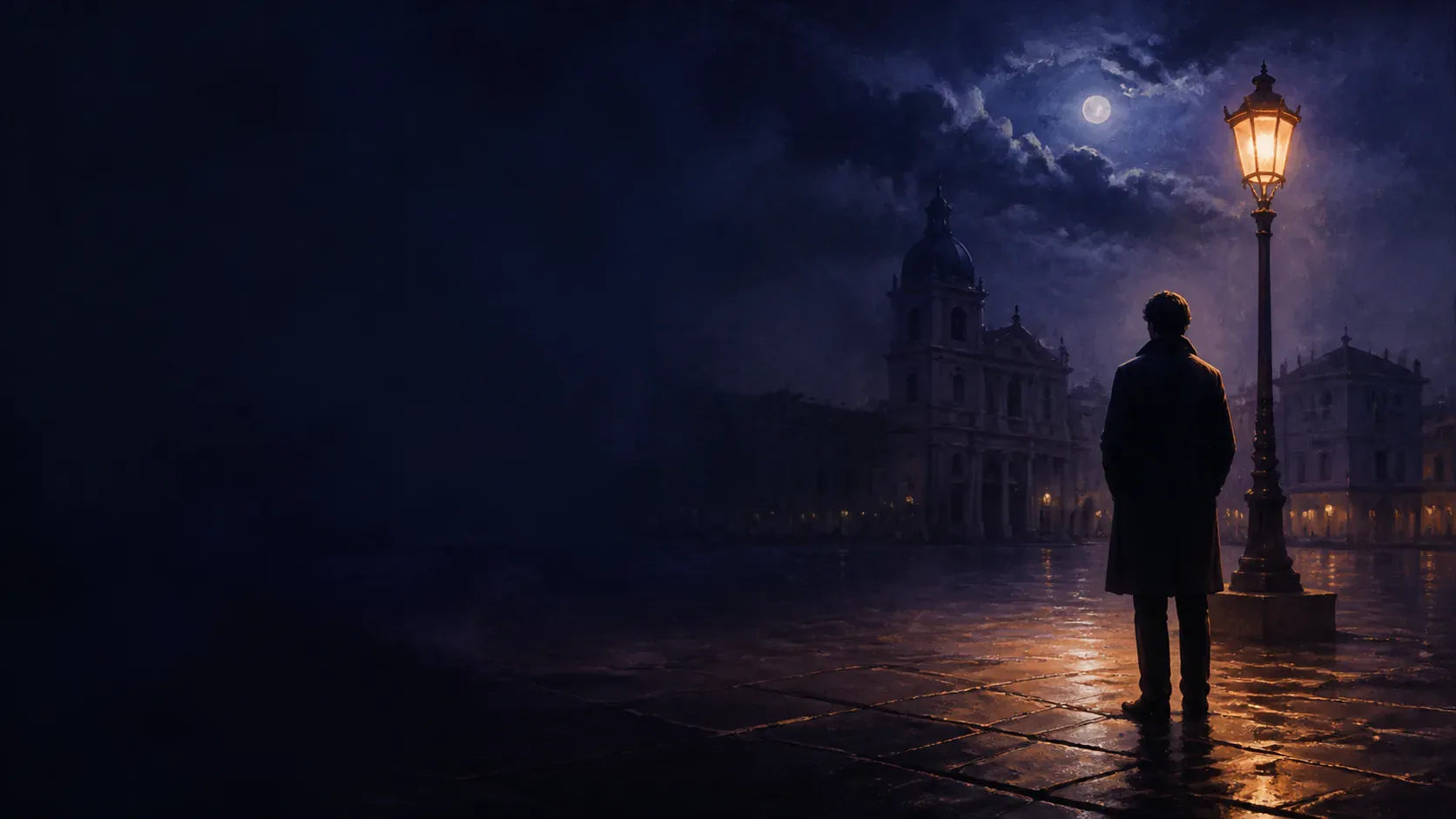 An indistinct stranger waiting beneath a moonlit arch outside a mythic cafe