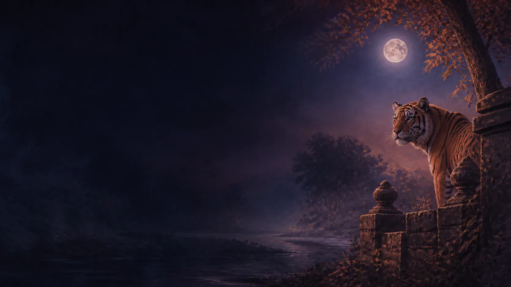 A calm tiger watching from a moonlit stone boundary at the edge of an indigo forest